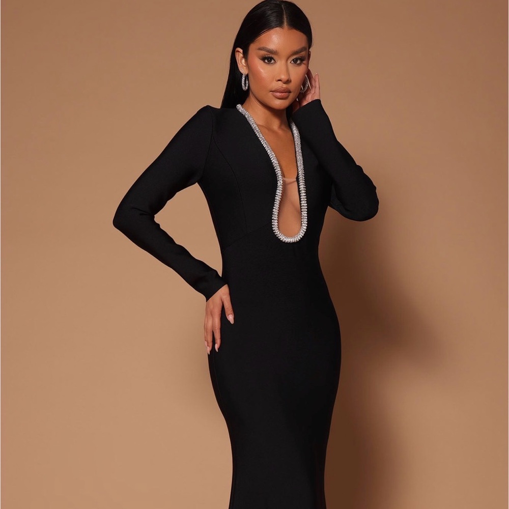 Fashion Nova Elegant Black Long Sleeve Dress